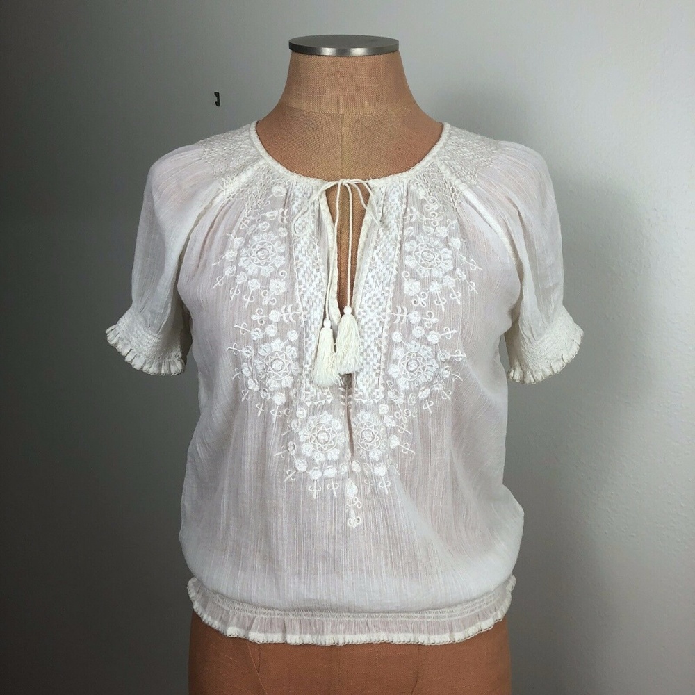 JOIE Womens Peasant Blouse Embroidered Tassels XS